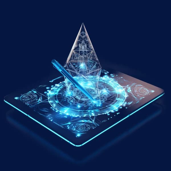 Tabletă de design cu stilou și forme geometrice luminoase pe fundal albastru