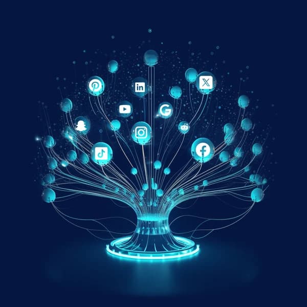 Rețea de canale de marketing digital conectate, cu logo-urile platformelor sociale